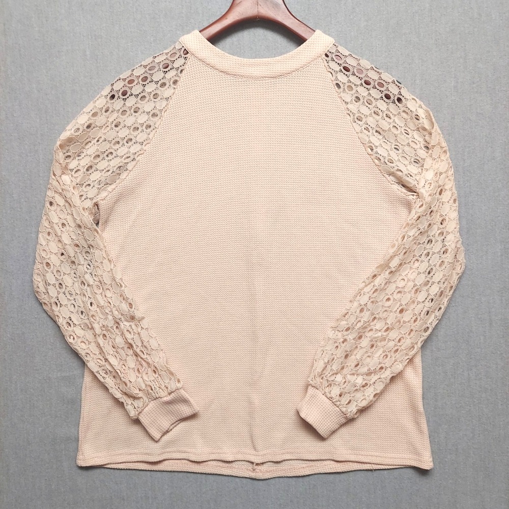 Womens‎ Waffle Knit Sweater L Blush Crochet Lace Sleeve Textured Romantic Soft